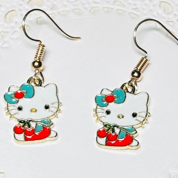 Hello Kitty with Cherries, Enameled Gold Tone Drop Dangle Earrings. - Picture 6 of 6